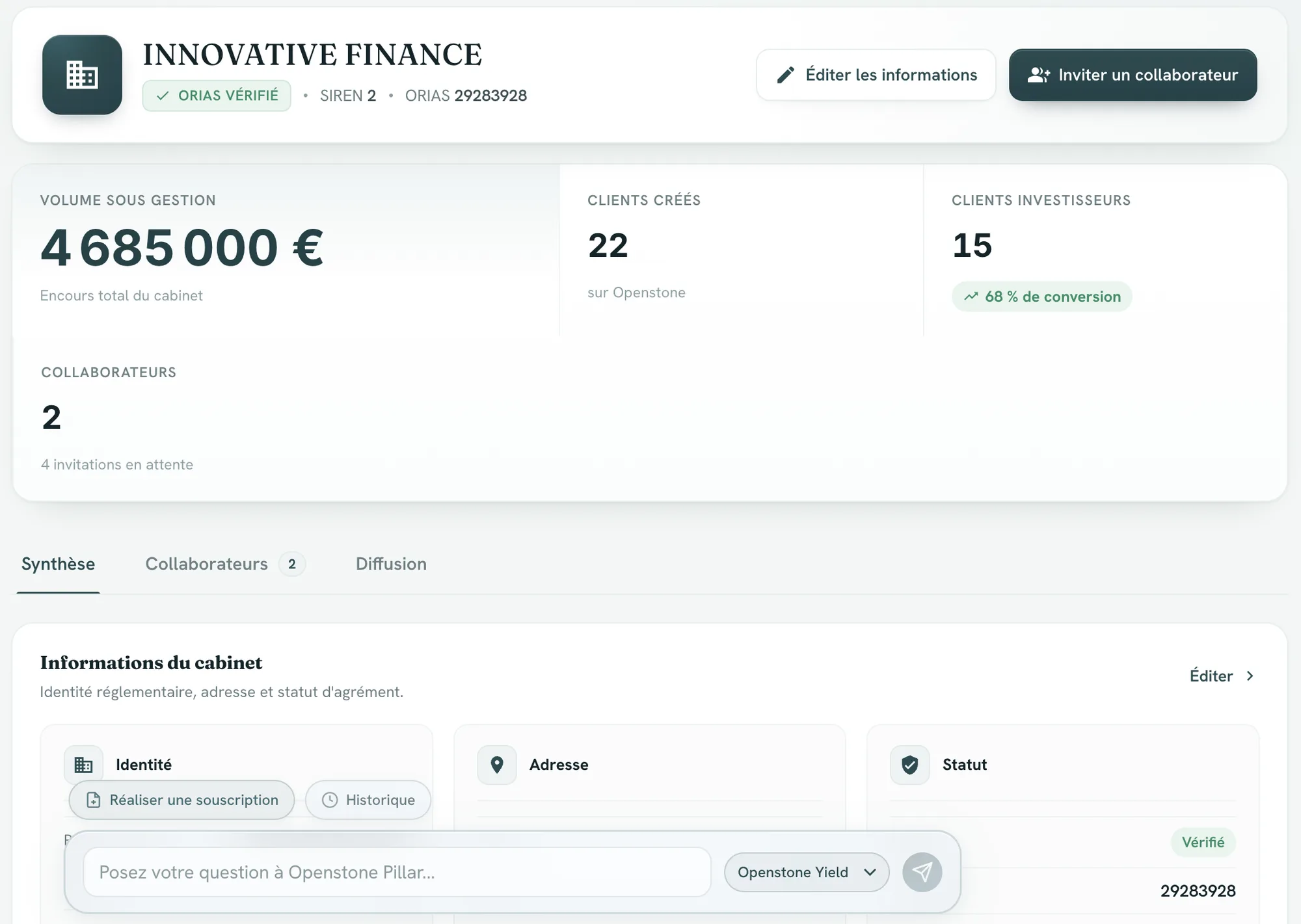 Screenshot of the Openstone platform: client portfolio